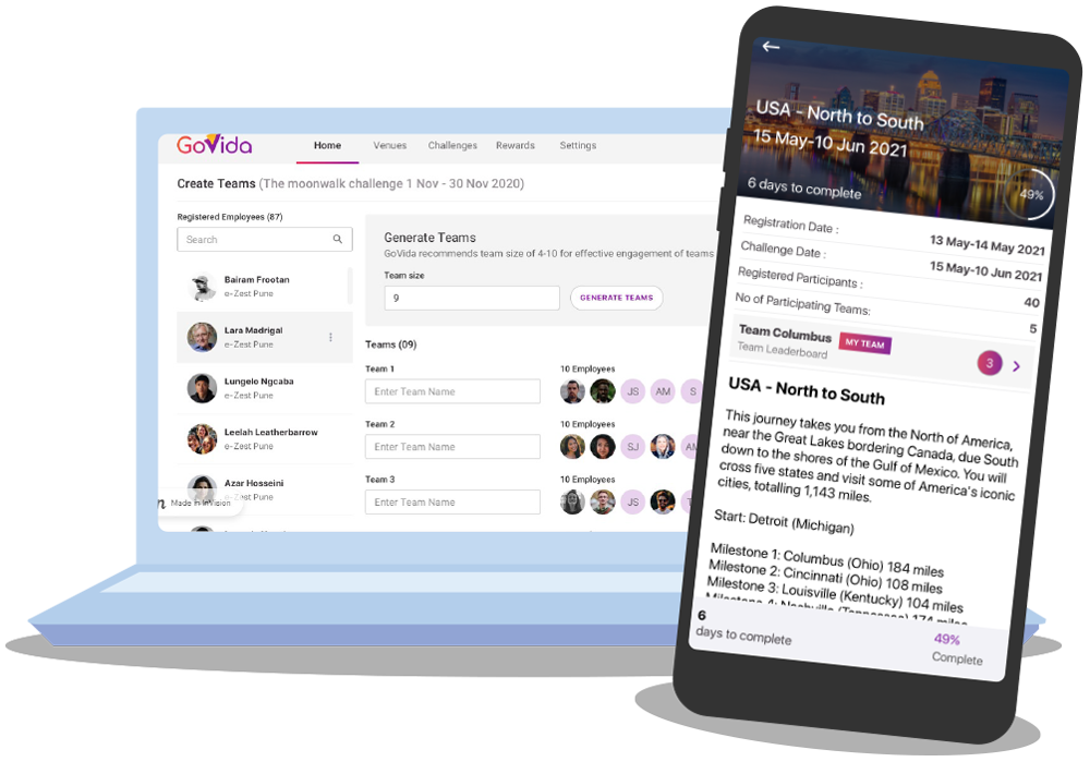 The GoVida the employee wellbeing platform enables organisations to run Team Wellbeing Challenges across their whole business.