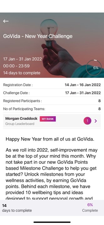 Screenshot of Self Improvement Challenge in GoVida the employee wellbeing platform