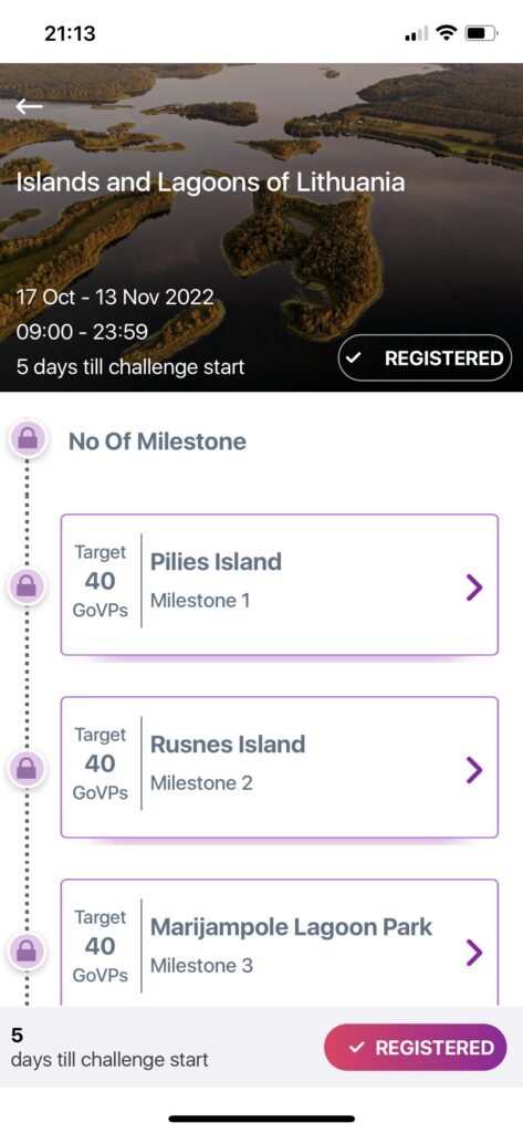 Screenshot from the GoVida employee wellness app of the Lithuanian Landmark Challenge