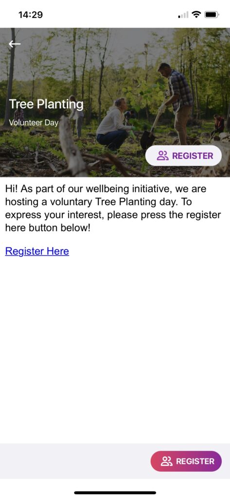 Screenshot of tree planting in GoVida the employee wellbeing app