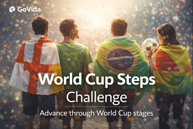 People wearing national flags standing together with a football as part of a World Cup themed workplace steps challenge.