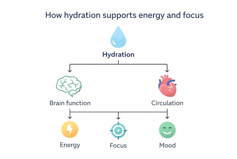 Simple graphic showing how hydration supports energy, focus, mood and brain function