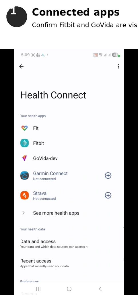 Health Connect app permissions showing Fitbit and GoVida as connected apps