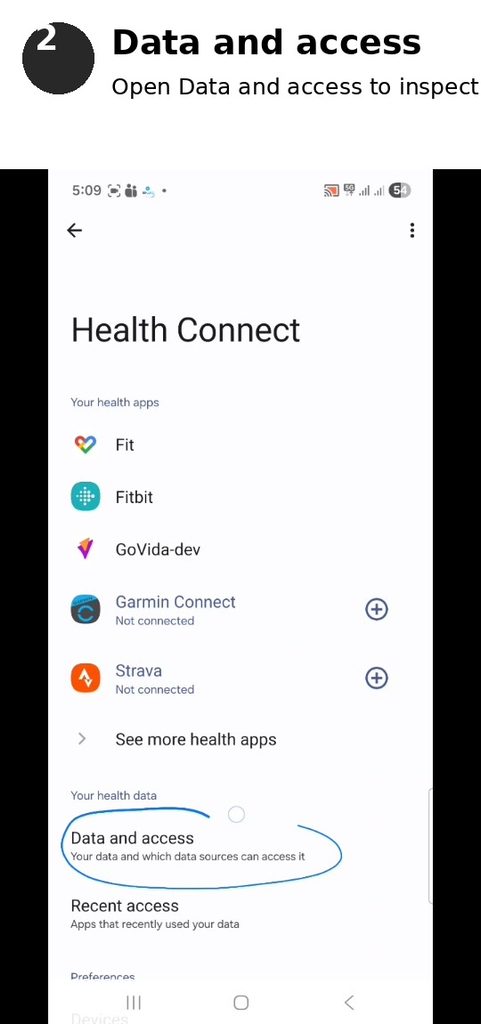 Health Connect Data and access screen for viewing health and activity data
