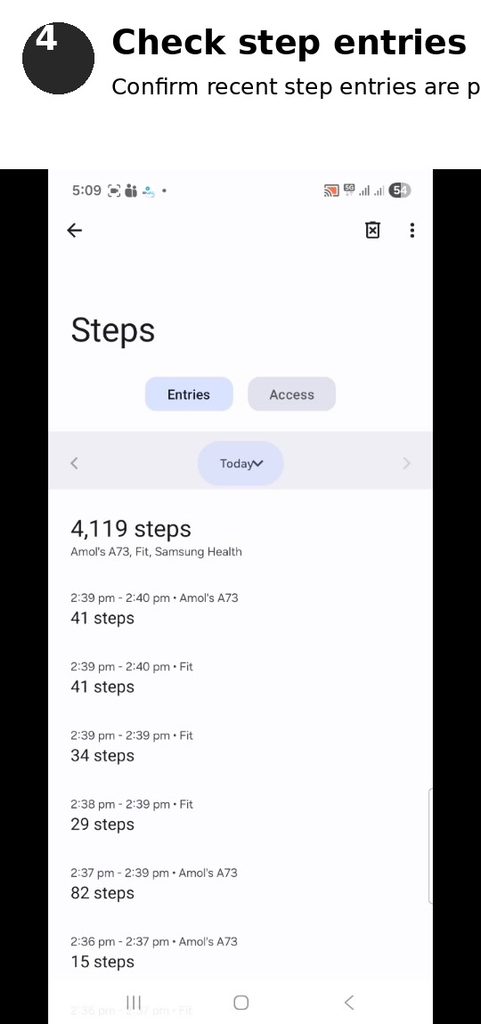 Health Connect step entries showing step data received from connected health apps