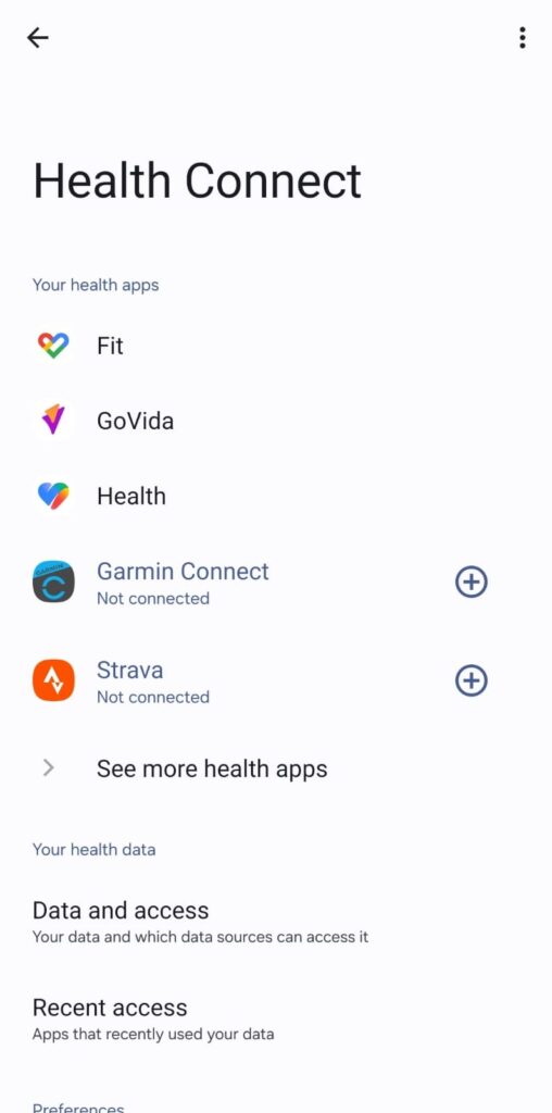 Health Connect app permissions showing Fitbit and GoVida as connected apps