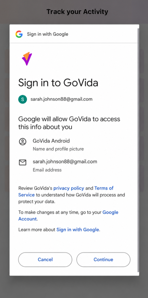 Google sign-in screen for connecting GoVida, showing the selected Google account and the Continue button.