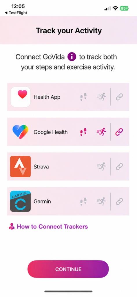 GoVida Track your Activity screen showing Google Health successfully connected, with the steps, exercise and link icons highlighted.