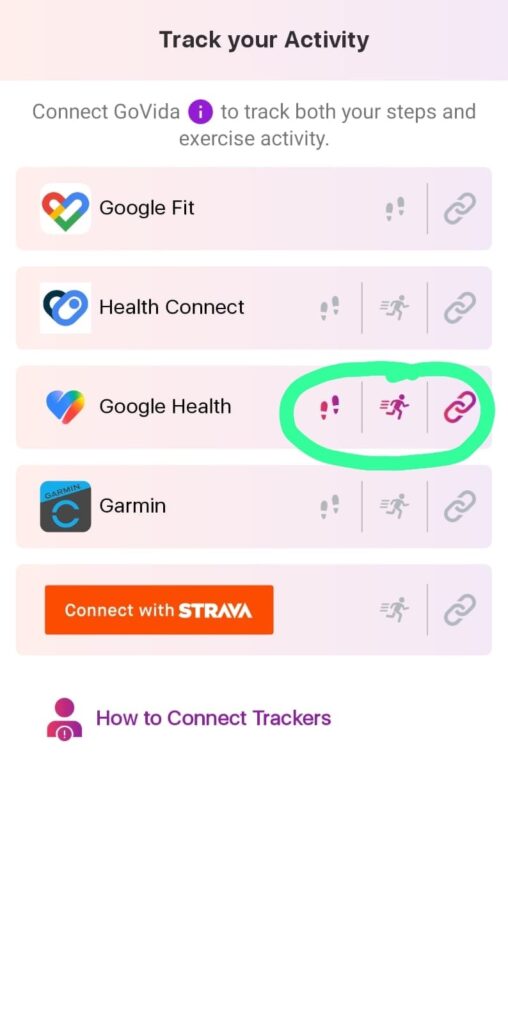 GoVida Track your Activity screen showing Google Health successfully connected, with the steps, exercise and link icons highlighted.