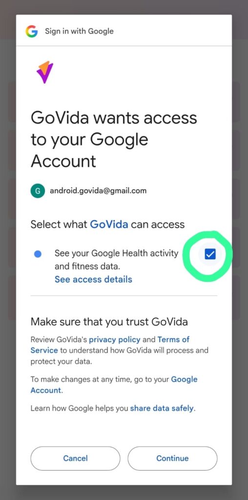 Google Health permissions screen with the activity and fitness data checkbox selected, ready to continue.