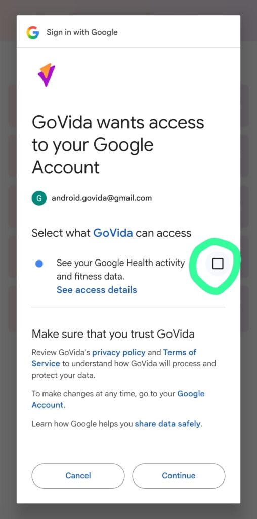 Google Health permissions screen showing the checkbox to allow GoVida access to activity and fitness data before it has been selected.