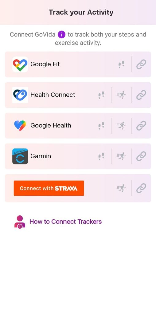 GoVida Tracker screen showing available tracker connections, including Google Fit, Health Connect, Google Health, Garmin and Strava