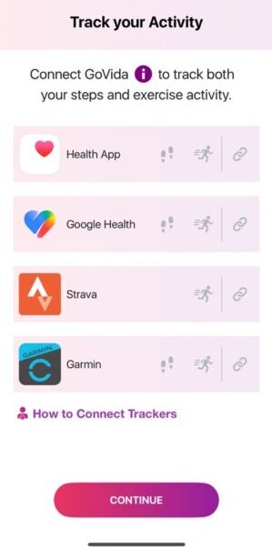 GoVida Tracker screen showing available tracker connections, including Apple Health, Google Health, Garmin and Strava